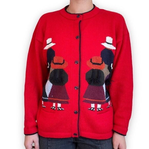 Vintage Womens Hand Loomed Red 100% Alpaca Folk People Scene Cardigan Sz M - Picture 1 of 11